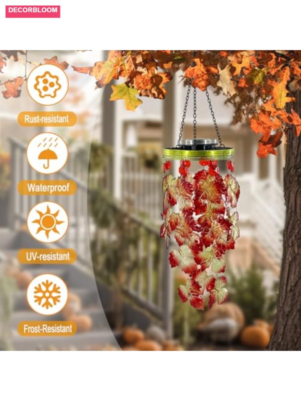 Solar Maple Leaf Wind Chime Fall Outdoor Decor Hang Light - Picture 2 of 5